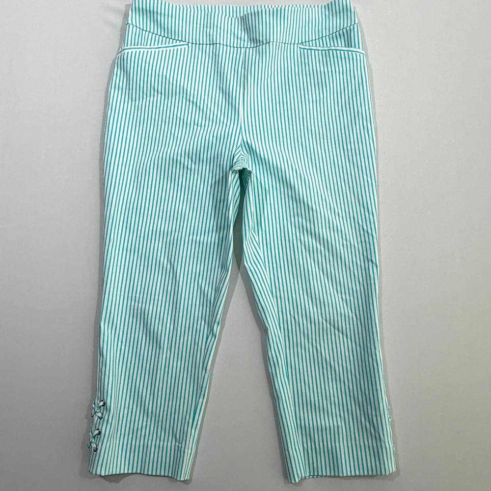 Chicos Perfect Stretch Pants Womens 1.5 M/10 Stripe Turquoise Lace Up Crop Capri